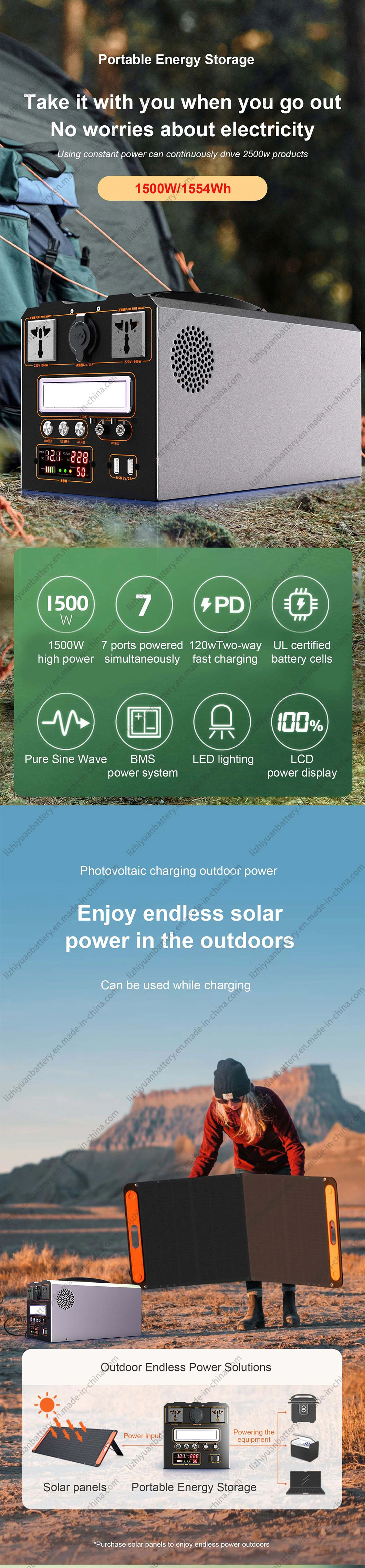 Large-Capacity Lithium Battery Power Supply 1500W Solar Power Bank Indoor Standby Outdoor Camping Portable Power Station
