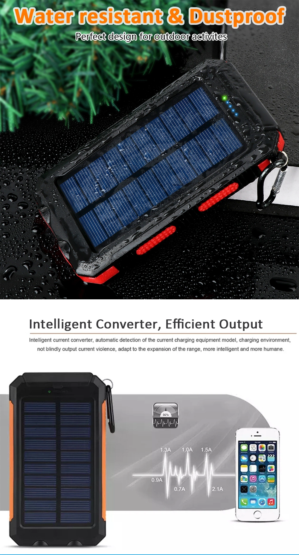 Factory Wholesale Portable Solar Power Banks 5000mAh 20000mAh Waterproof Dual LED Flashlights Solar Charger Power Bank