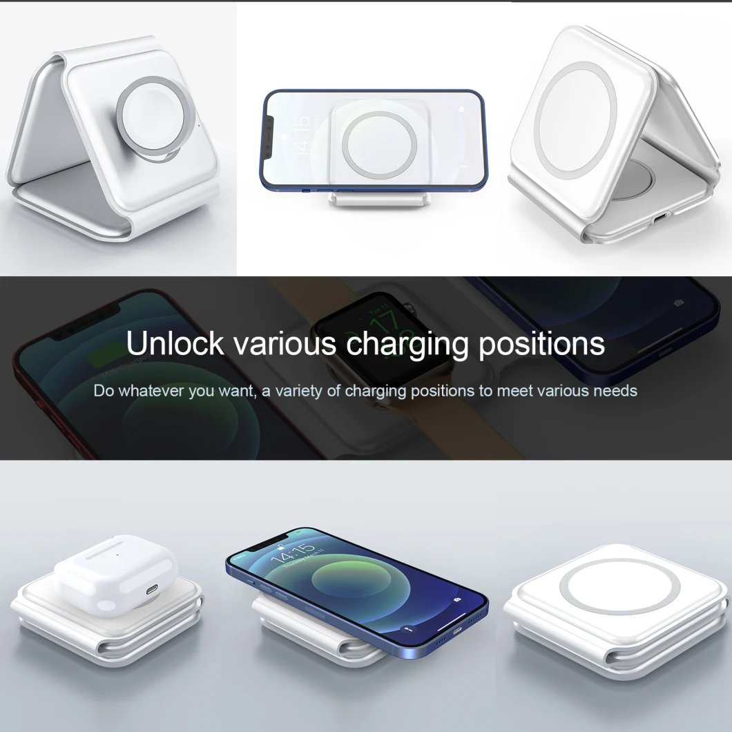 5W 7.5W 10W 15W QC3.0 3-in-1 Folded Wireless Charger Pad Fast Charging Wireless Charger for Phones Watches
