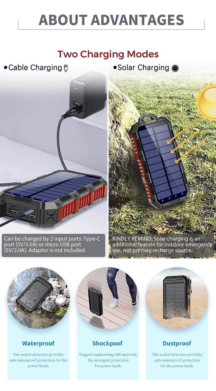 Waterproof Outdoor Solar Power Bank 8000mAh 10000mAh 20000mAh 26800mAh 36000mAh Solar Panel Portable Charger for Camping