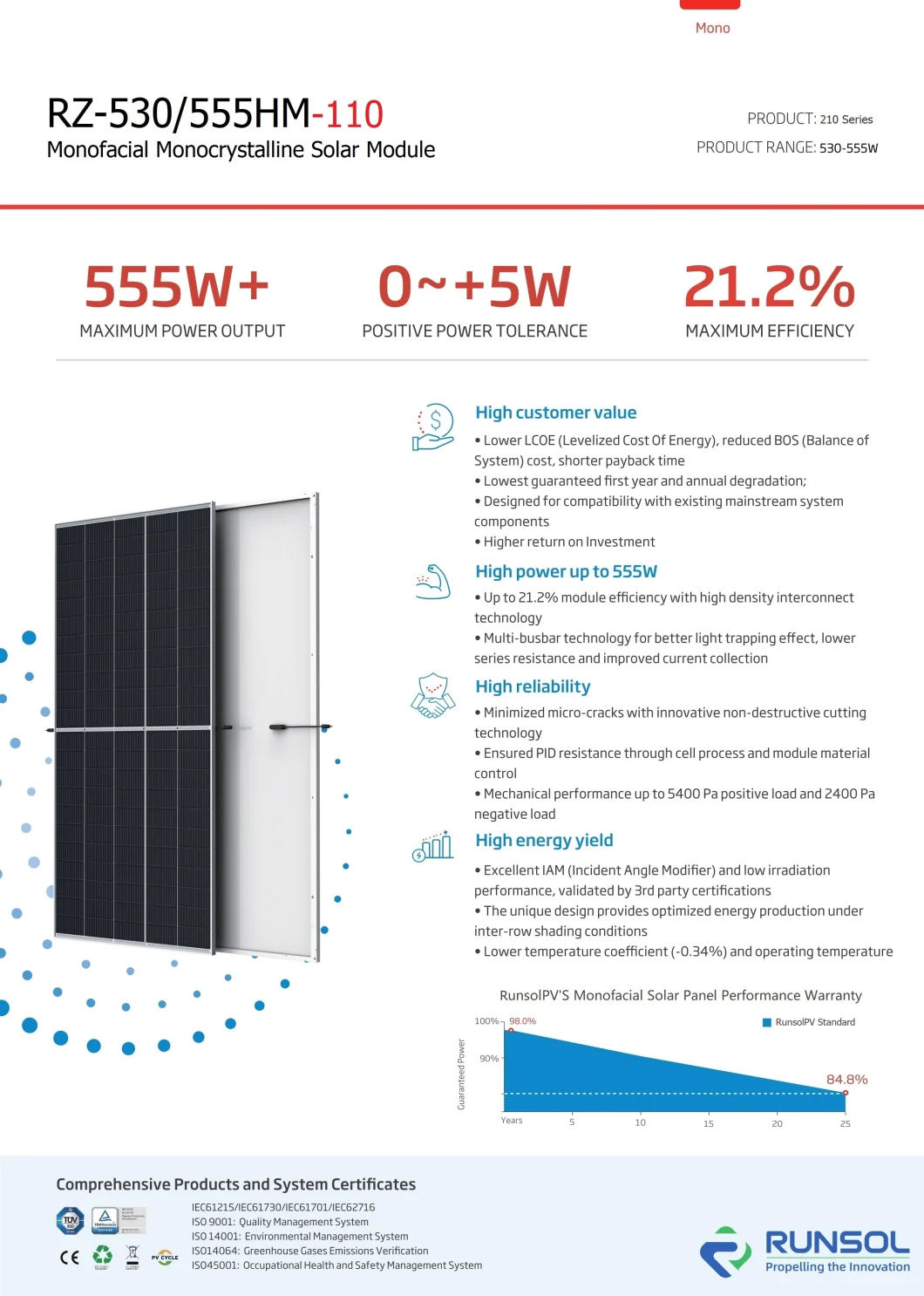 545W Runsol PV Tier1 Solar Energy Panel Power System on Grid off Grid 540W/550W/600W Perc Mono Single Glass TUV Inmetro Mcs SGS Brazil Saudi Italy Germany China